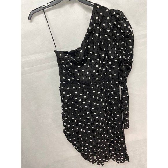 Bardot One Shoulder Lace Long Puff Sleeve Black and White Mini Dress Sz 12 - Picture 3 of 7